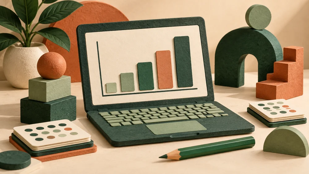 Illustration of a laptop with a bar chart and study cards