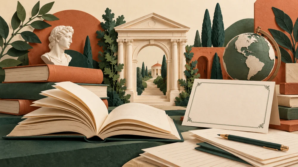 Illustration of books and a university arch