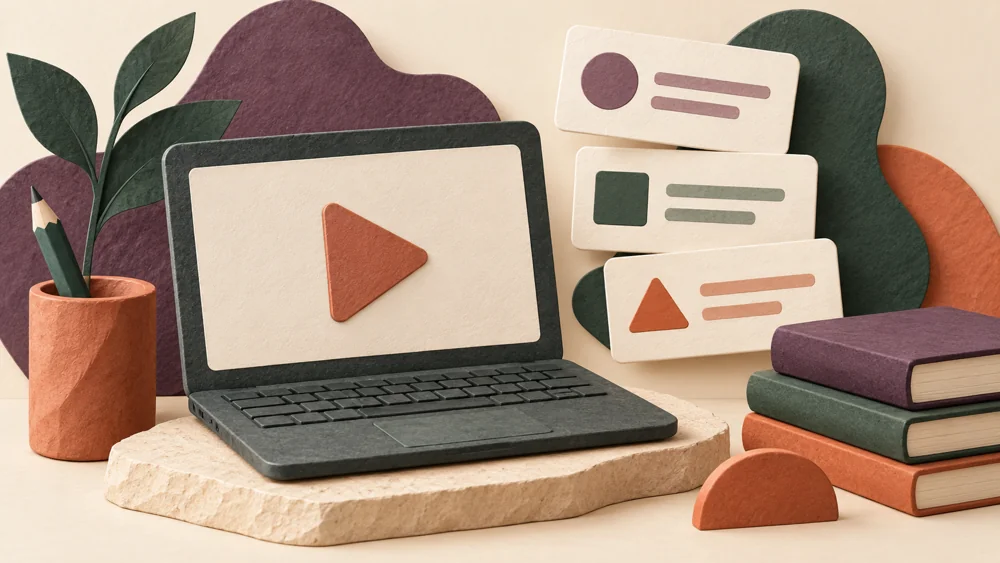 Illustration of video lessons, a laptop, and study cards